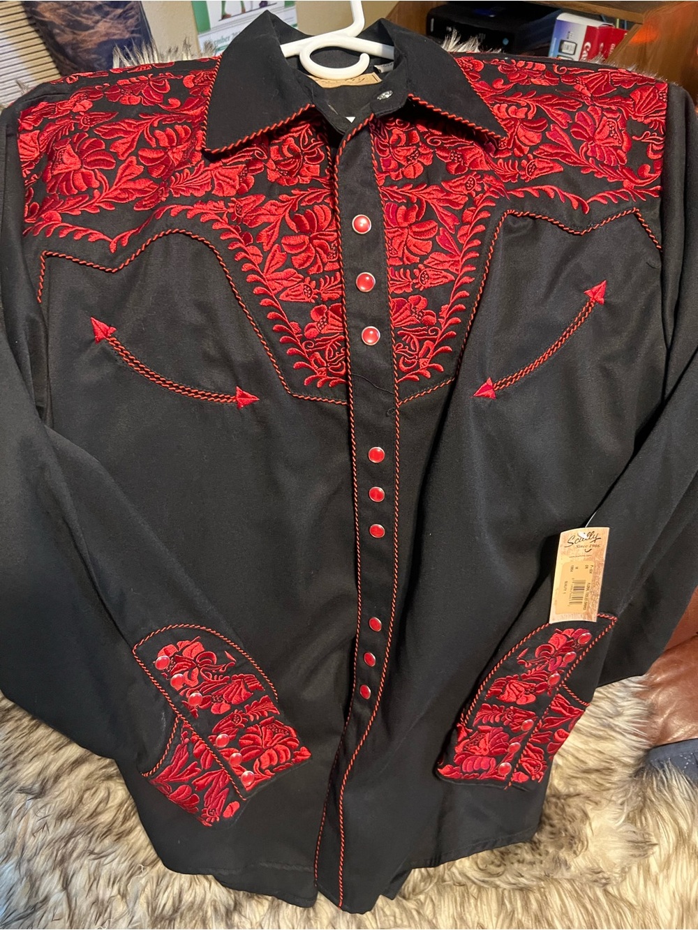 SCULLY NWT Men's Black Western Shirt with Red Floral Embroid-PEARL BUTTONS- Sz M